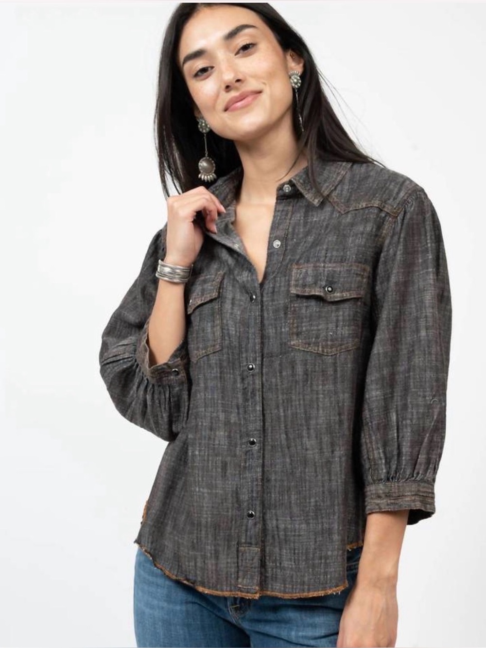 Ivy Jane Black Evie Denim Puff 3/4 Sleeve Snap Western Shirt Size Medium